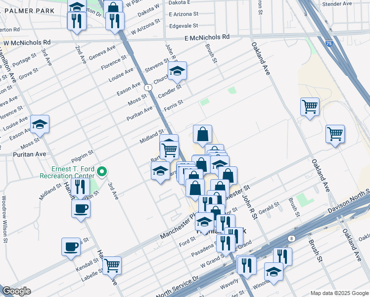 map of restaurants, bars, coffee shops, grocery stores, and more near 15050 Woodward Avenue in Highland Park
