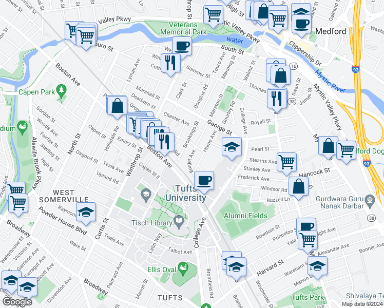 map of restaurants, bars, coffee shops, grocery stores, and more near Burget Avenue in Medford