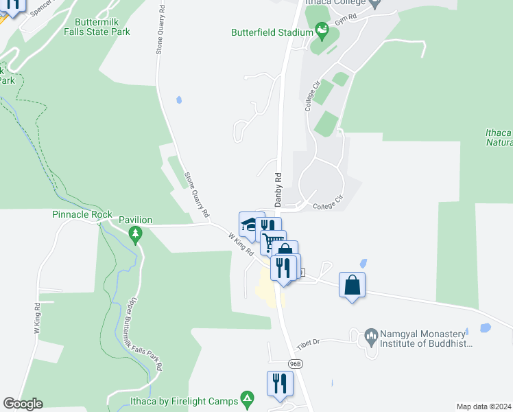 map of restaurants, bars, coffee shops, grocery stores, and more near 114 Birdseyeview Drive in Ithaca