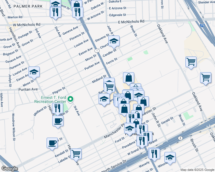 map of restaurants, bars, coffee shops, grocery stores, and more near 22 Bartlett Street in Highland Park