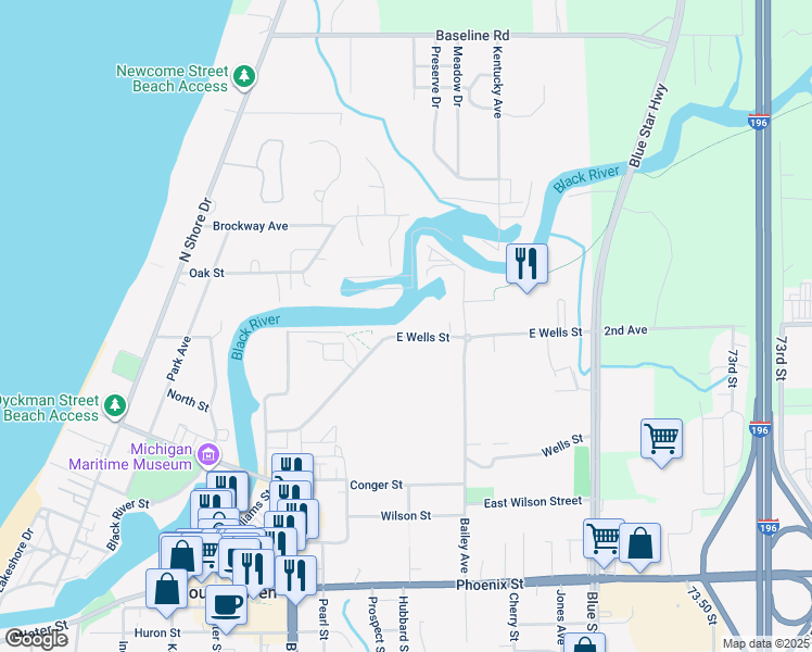 map of restaurants, bars, coffee shops, grocery stores, and more near 815 East Wells Street in South Haven