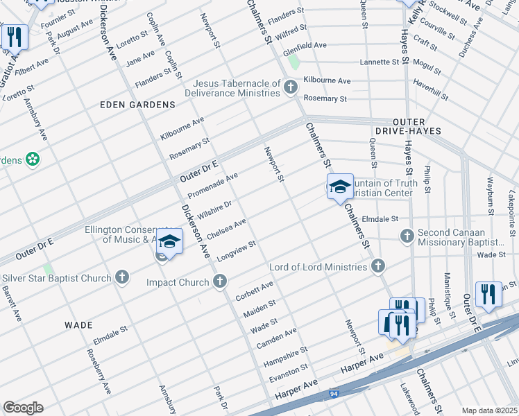 map of restaurants, bars, coffee shops, grocery stores, and more near 13345 Chelsea Avenue in Detroit