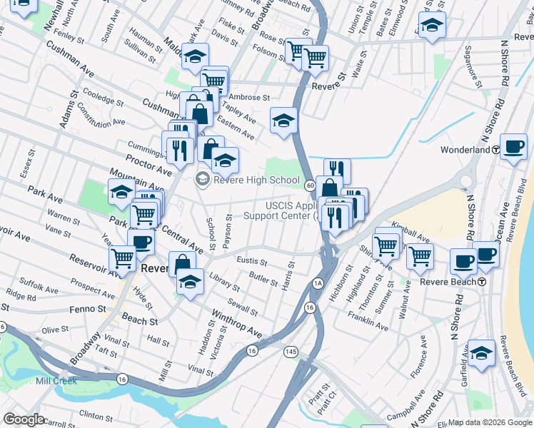 map of restaurants, bars, coffee shops, grocery stores, and more near 58 Trevalley Road in Revere