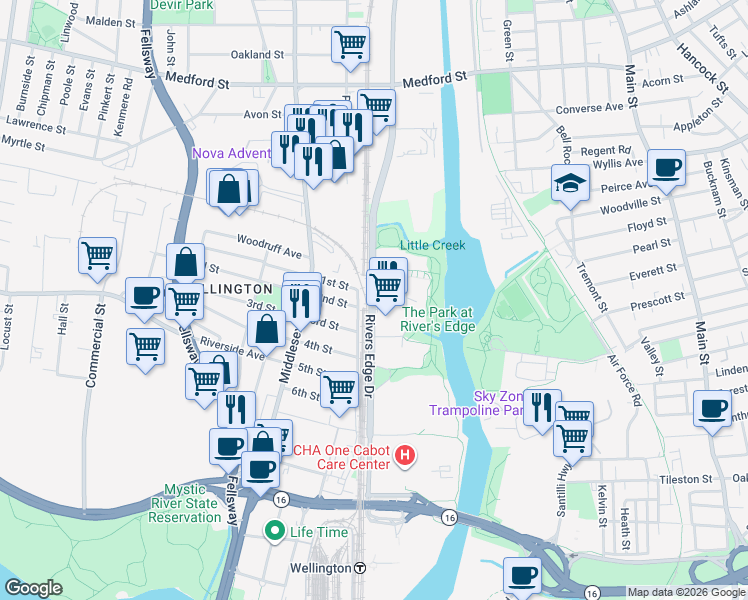 map of restaurants, bars, coffee shops, grocery stores, and more near 325 Rivers Edge Drive in Medford