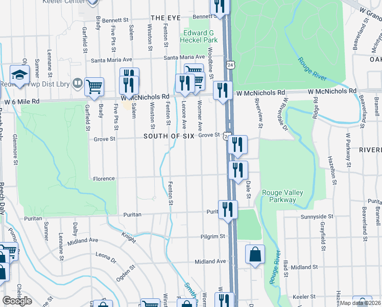 map of restaurants, bars, coffee shops, grocery stores, and more near 16596 Lenore in Detroit