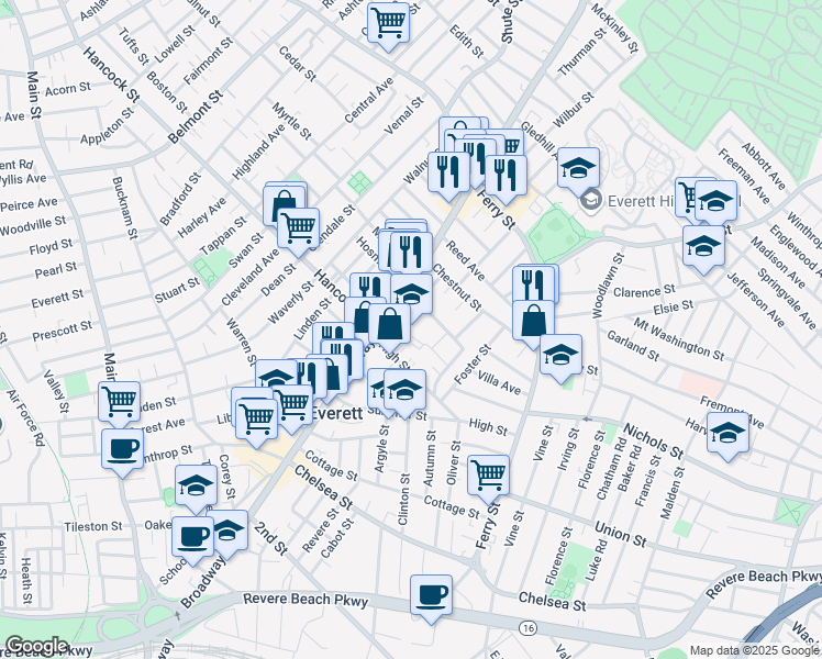 map of restaurants, bars, coffee shops, grocery stores, and more near 587 Broadway in Everett