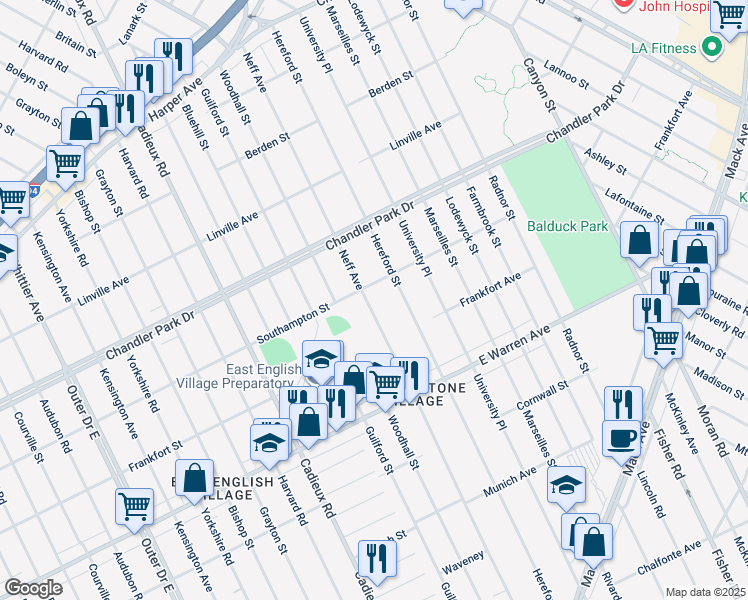 map of restaurants, bars, coffee shops, grocery stores, and more near 5290 Neff Avenue in Detroit