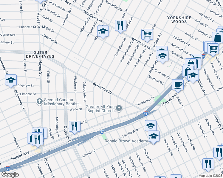 map of restaurants, bars, coffee shops, grocery stores, and more near 9819 Nottingham Road in Detroit