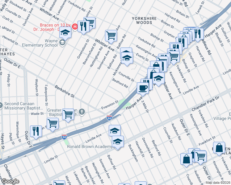 map of restaurants, bars, coffee shops, grocery stores, and more near 9169 Devonshire Road in Detroit