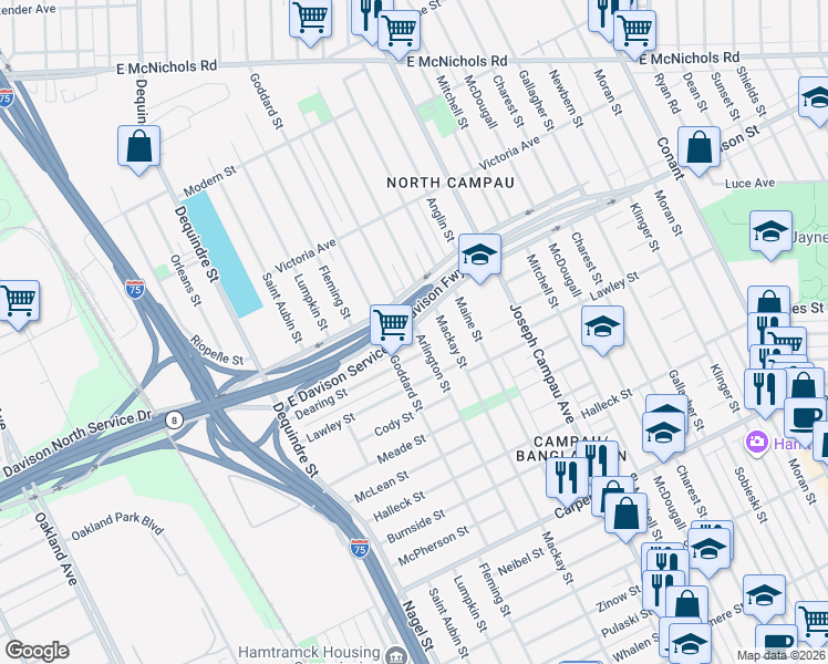 map of restaurants, bars, coffee shops, grocery stores, and more near 2156 East Davison Street in Detroit