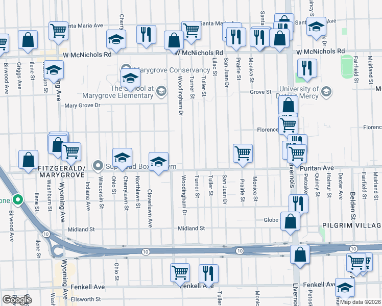 map of restaurants, bars, coffee shops, grocery stores, and more near 16182 Woodingham Drive in Detroit