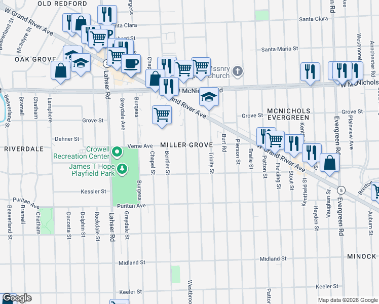 map of restaurants, bars, coffee shops, grocery stores, and more near 16595 Blackstone Street in Detroit