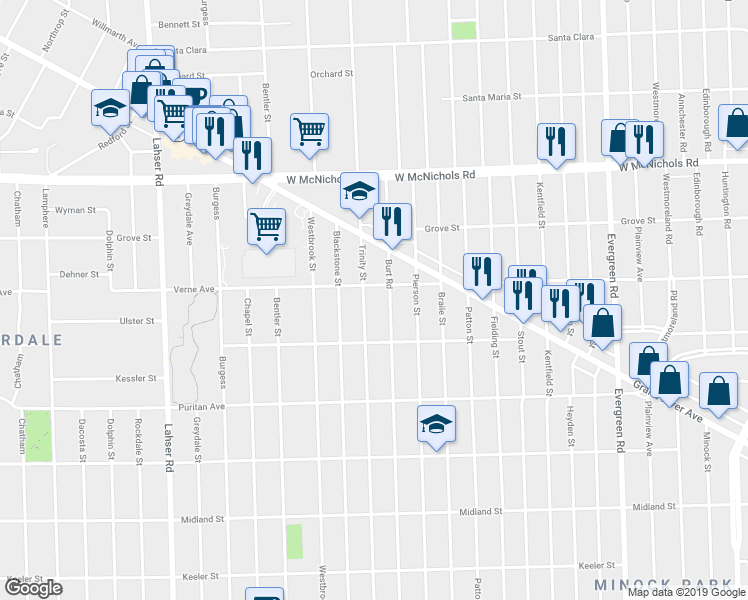 map of restaurants, bars, coffee shops, grocery stores, and more near 16586 Trinity Street in Detroit
