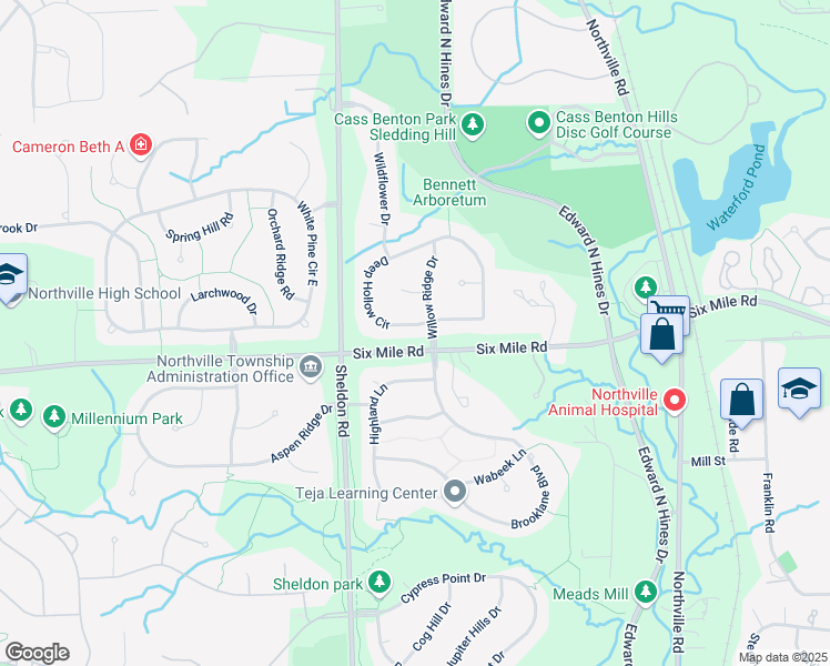map of restaurants, bars, coffee shops, grocery stores, and more near 44333 Deep Hollow Circle in Northville