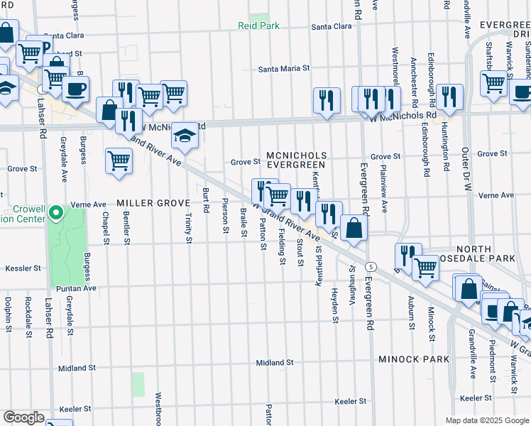 map of restaurants, bars, coffee shops, grocery stores, and more near 20551 Michigan 5 in Detroit