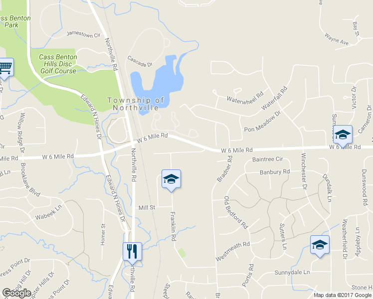 map of restaurants, bars, coffee shops, grocery stores, and more near 42518 Waterford Road in Northville
