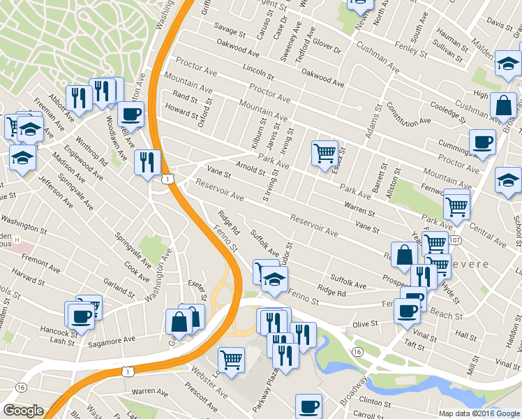 map of restaurants, bars, coffee shops, grocery stores, and more near 320 Reservoir Avenue in Revere