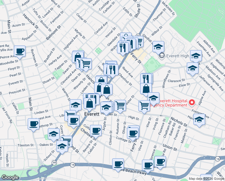 map of restaurants, bars, coffee shops, grocery stores, and more near 587 Broadway in Everett