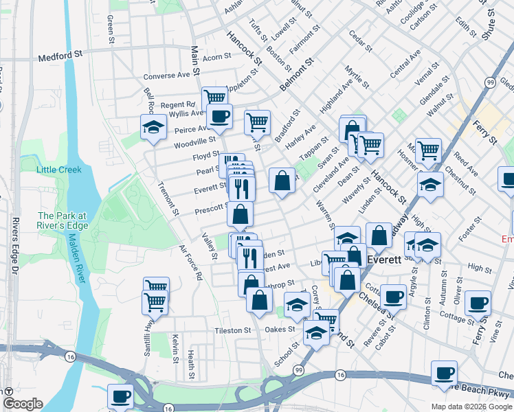 map of restaurants, bars, coffee shops, grocery stores, and more near 24 Beacon Street in Everett