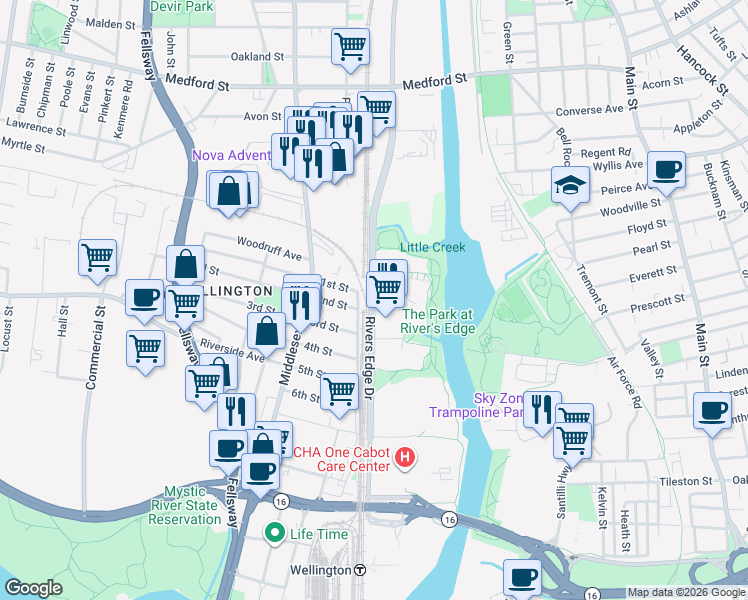 map of restaurants, bars, coffee shops, grocery stores, and more near 325 Rivers Edge Drive in Medford