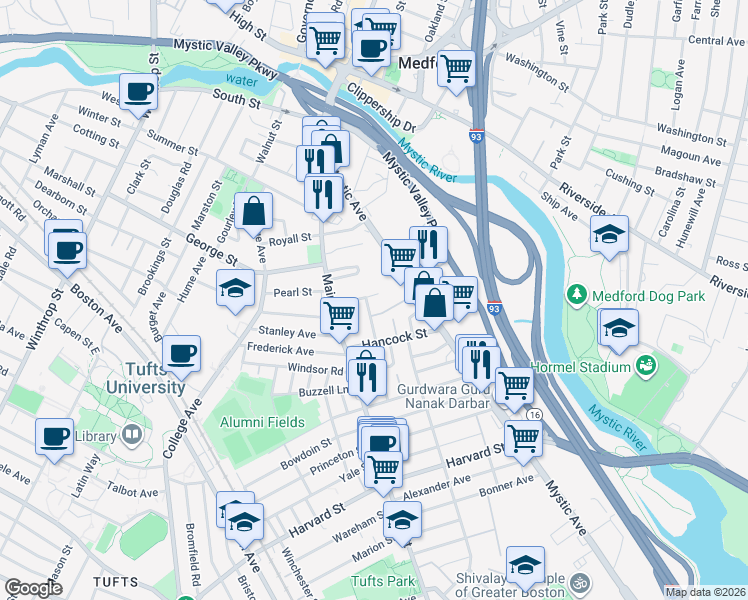 map of restaurants, bars, coffee shops, grocery stores, and more near 22 Hancock Avenue in Medford