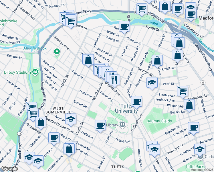 map of restaurants, bars, coffee shops, grocery stores, and more near 349 Boston Avenue in Medford