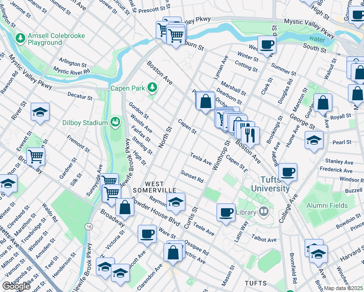 map of restaurants, bars, coffee shops, grocery stores, and more near 52 Adams Street in Medford