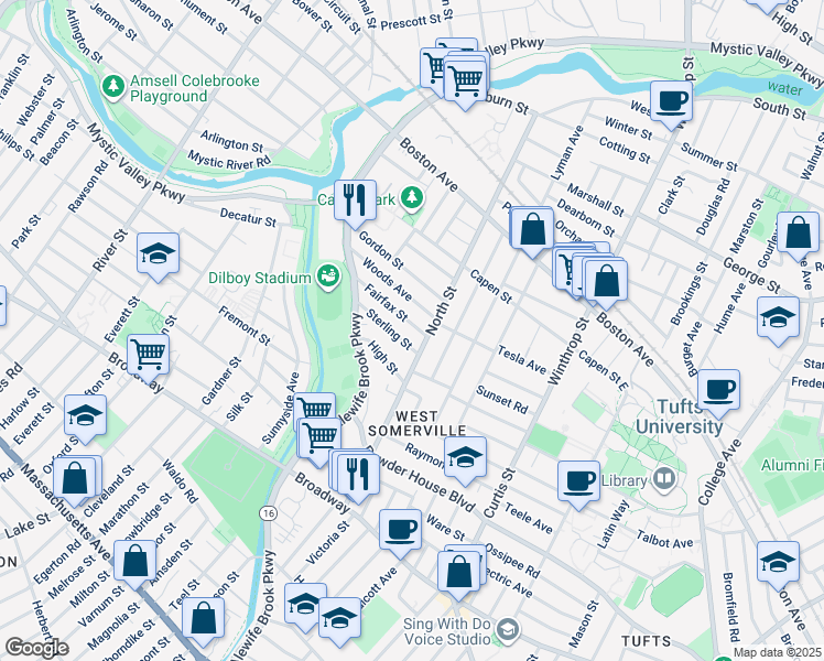 map of restaurants, bars, coffee shops, grocery stores, and more near 15 Fairfax Street in Somerville