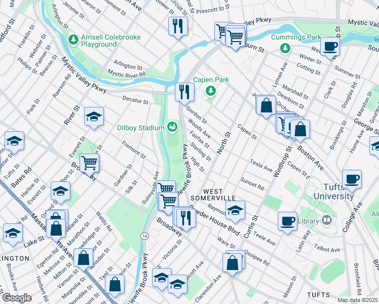 map of restaurants, bars, coffee shops, grocery stores, and more near 44 Sterling Street in Somerville