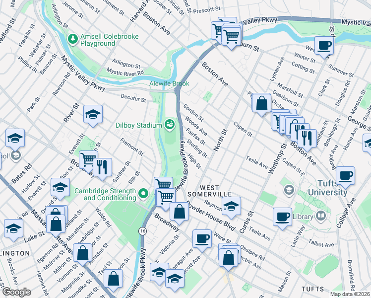 map of restaurants, bars, coffee shops, grocery stores, and more near 44 Sterling Street in Somerville