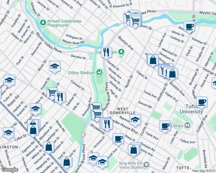 map of restaurants, bars, coffee shops, grocery stores, and more near 44 Sterling Street in Somerville