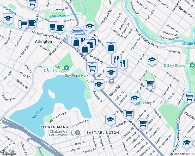 map of restaurants, bars, coffee shops, grocery stores, and more near 339 Massachusetts Avenue in Arlington