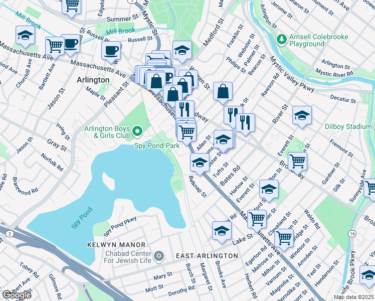 map of restaurants, bars, coffee shops, grocery stores, and more near 339 Massachusetts Avenue in Arlington