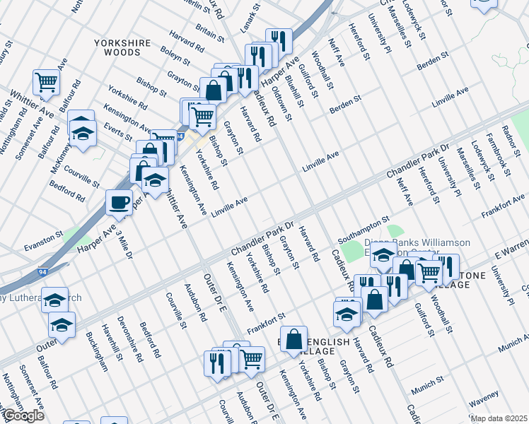 map of restaurants, bars, coffee shops, grocery stores, and more near 5767 Grayton Street in Detroit