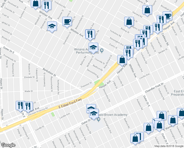 map of restaurants, bars, coffee shops, grocery stores, and more near 9169 Devonshire Road in Detroit