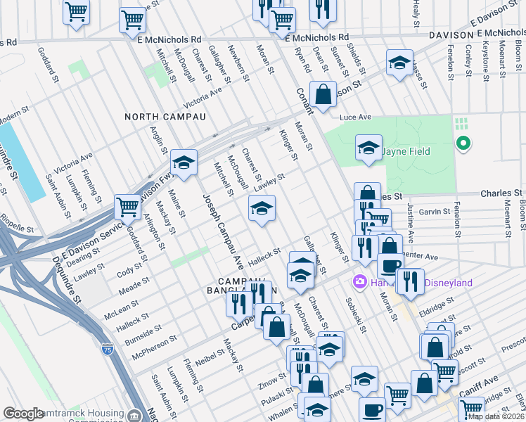 map of restaurants, bars, coffee shops, grocery stores, and more near 12635 Charest Street in Detroit