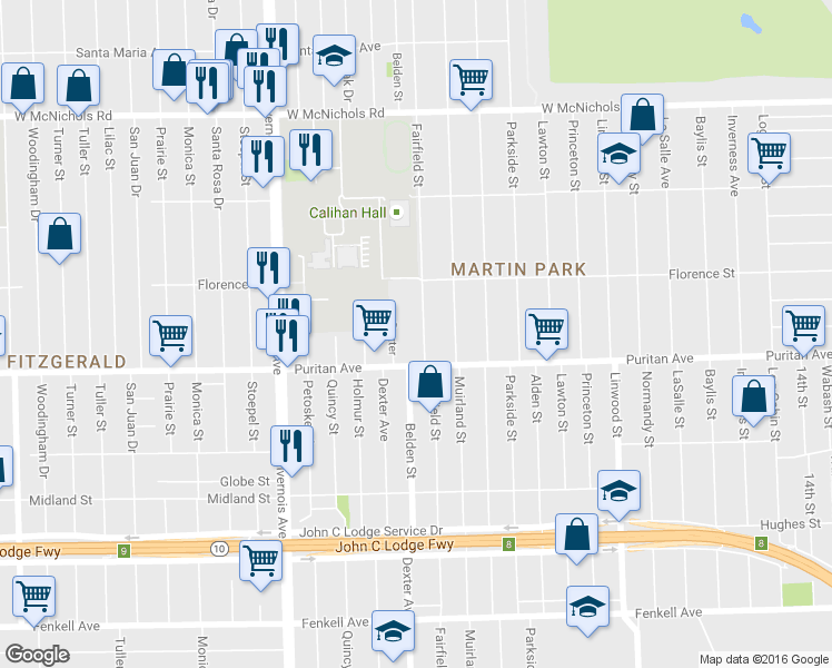 map of restaurants, bars, coffee shops, grocery stores, and more near 16166 Dexter Avenue in Detroit