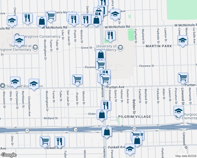 map of restaurants, bars, coffee shops, grocery stores, and more near 16177 Stoepel Street in Detroit