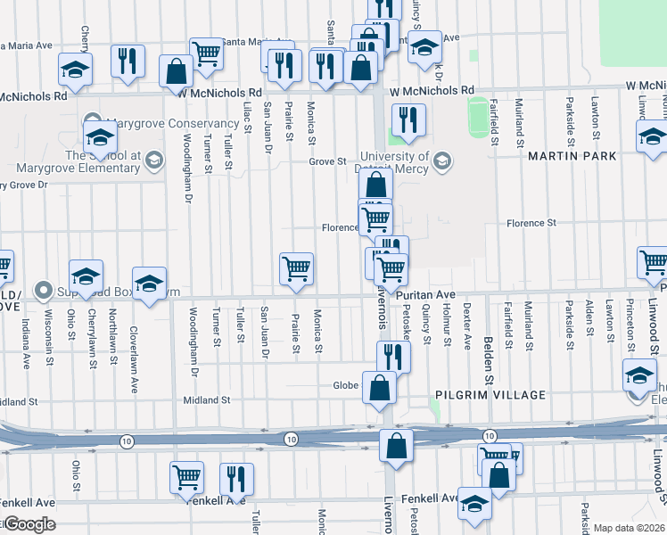 map of restaurants, bars, coffee shops, grocery stores, and more near 16176 Monica Street in Detroit