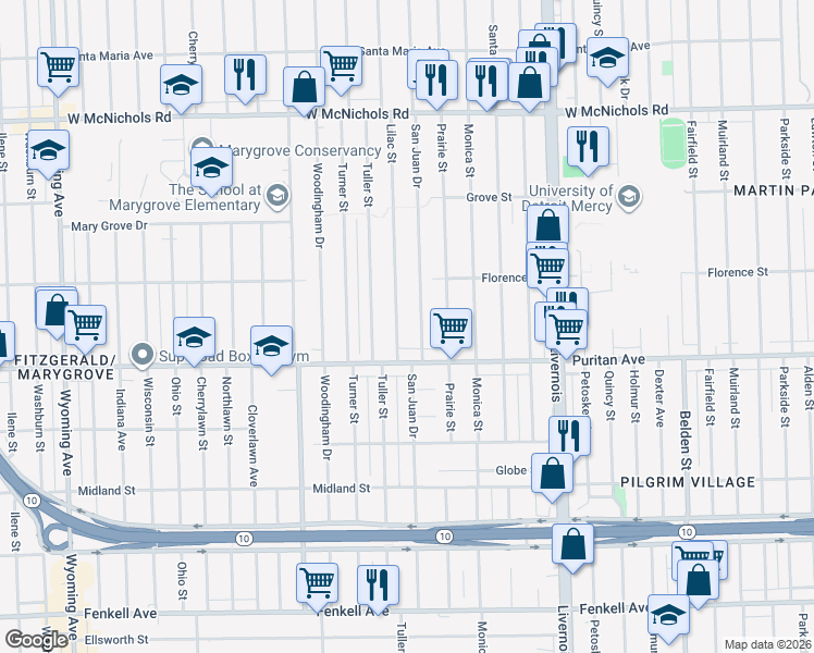 map of restaurants, bars, coffee shops, grocery stores, and more near 16176 Lilac Street in Detroit