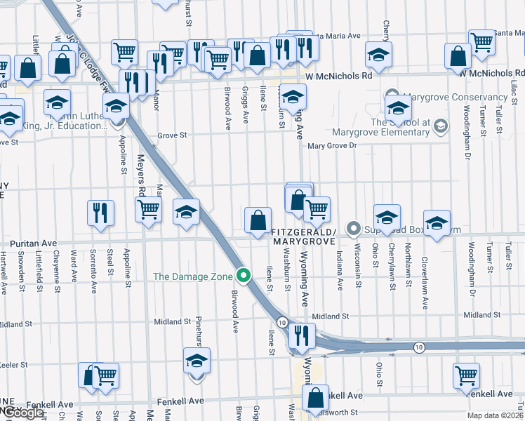 map of restaurants, bars, coffee shops, grocery stores, and more near 16190 Griggs Avenue in Detroit