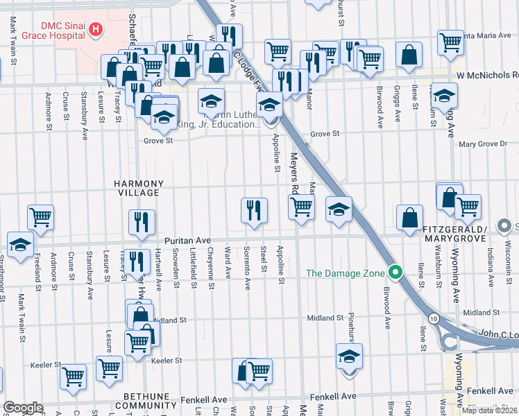 map of restaurants, bars, coffee shops, grocery stores, and more near 16197 Steel Street in Detroit