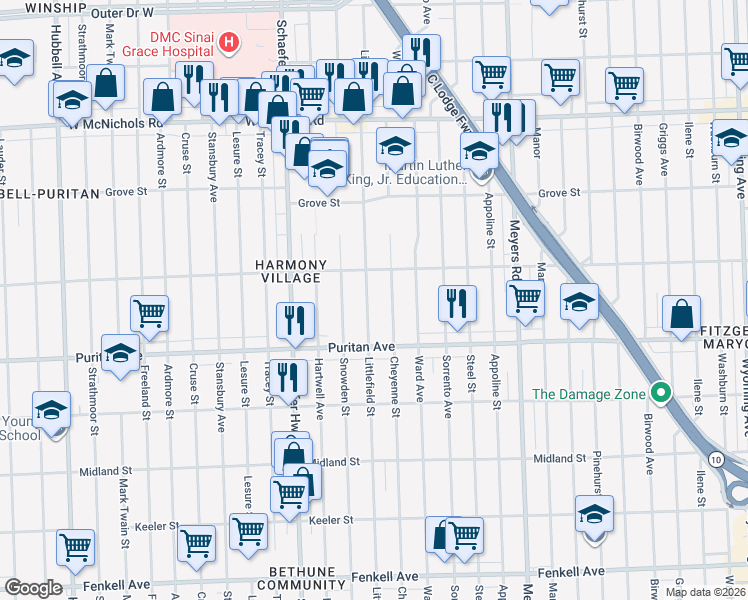 map of restaurants, bars, coffee shops, grocery stores, and more near 16209 Littlefield Street in Detroit