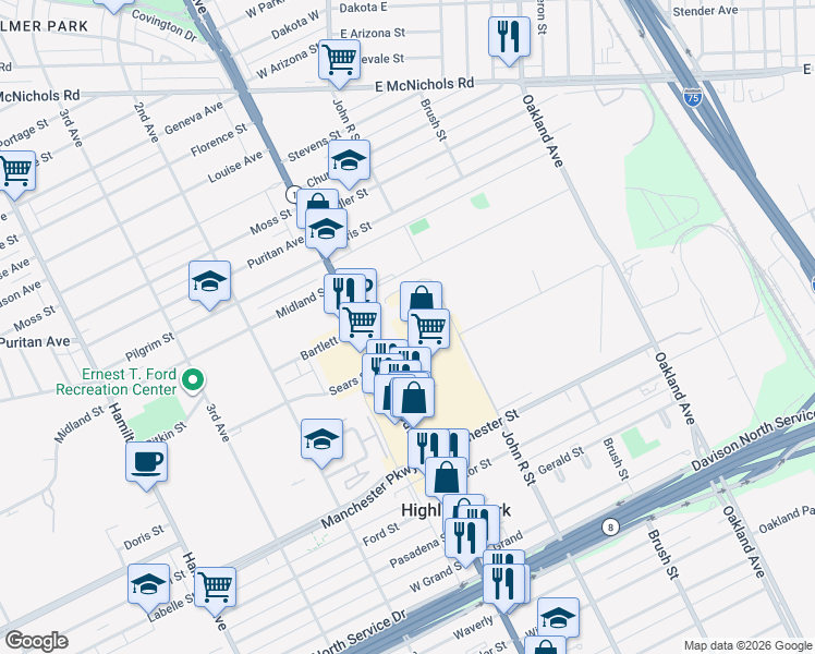 map of restaurants, bars, coffee shops, grocery stores, and more near 91 Manchester Street in Highland Park