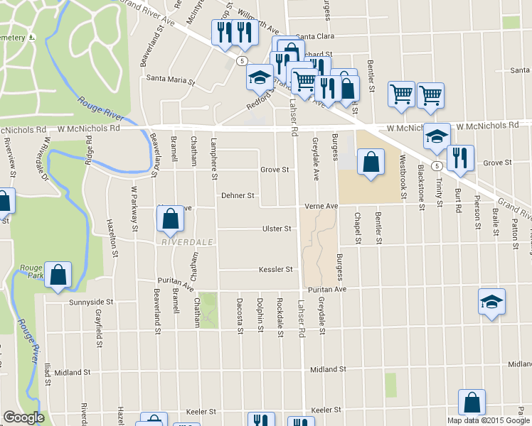 map of restaurants, bars, coffee shops, grocery stores, and more near 22070 Ulster Street in Detroit