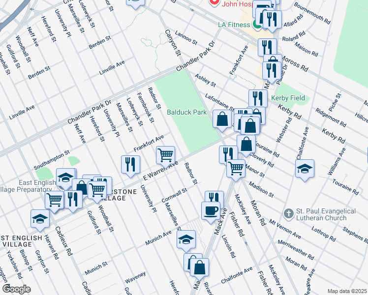 map of restaurants, bars, coffee shops, grocery stores, and more near 5034 Radnor Street in Detroit