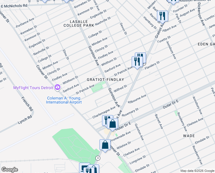 map of restaurants, bars, coffee shops, grocery stores, and more near 11586 Flanders Street in Detroit