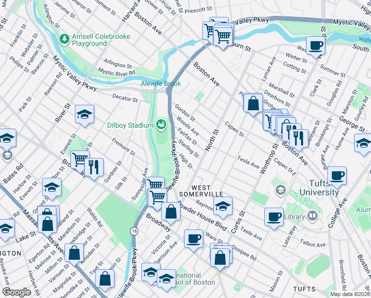 map of restaurants, bars, coffee shops, grocery stores, and more near 44 Sterling Street in Somerville