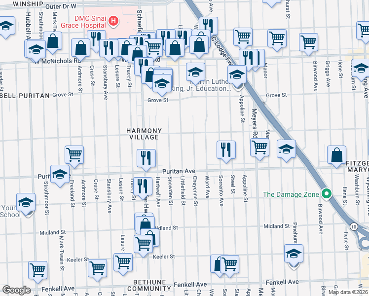map of restaurants, bars, coffee shops, grocery stores, and more near 16209 Littlefield Street in Detroit