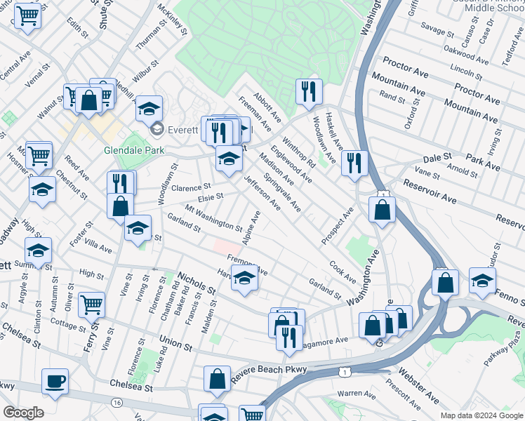 map of restaurants, bars, coffee shops, grocery stores, and more near 94 Dartmouth Street in Everett